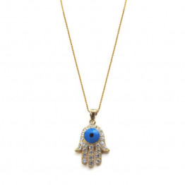 שרשרת גולדפילד ותליון חמסה גדול מגולדפילד בשיבוץ זרקונים עם עין כחולה | שרשרת לאישה | שרשרת עין | שרשרת עין עגולה | שרשרת עין כחולה | שרשרת הגנה כנגד עין הרע