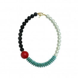 שרשרת אבני טורקיז, אבני לבה שחורות, חרוזי פנינה לבנים וחרוז עץ אדום